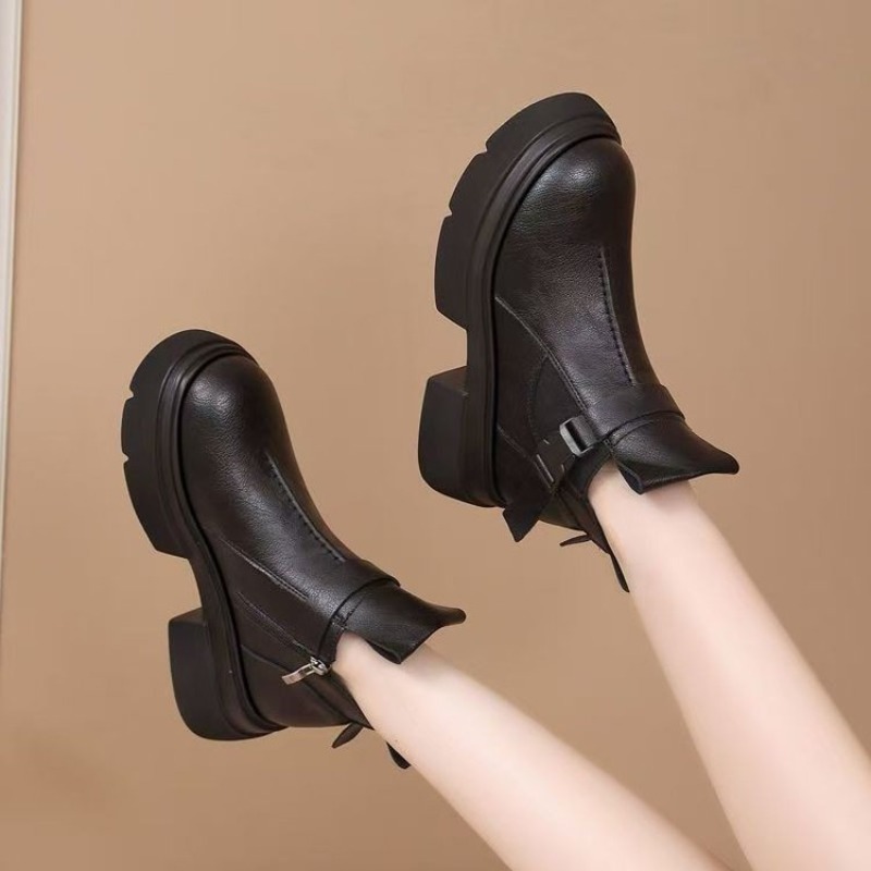 Knee High Sock Women - รองเท้าบูทเชลซีหุ้มข้อสีดำสำหรับผู้หญิง ดีไซน์หัวเข็มขัดและซิปด้านข้าง พื้นหนา ทรงมาร์ติน กันลื่น สำหรับฤดูใบไม้ร่วงและฤดูหนาว