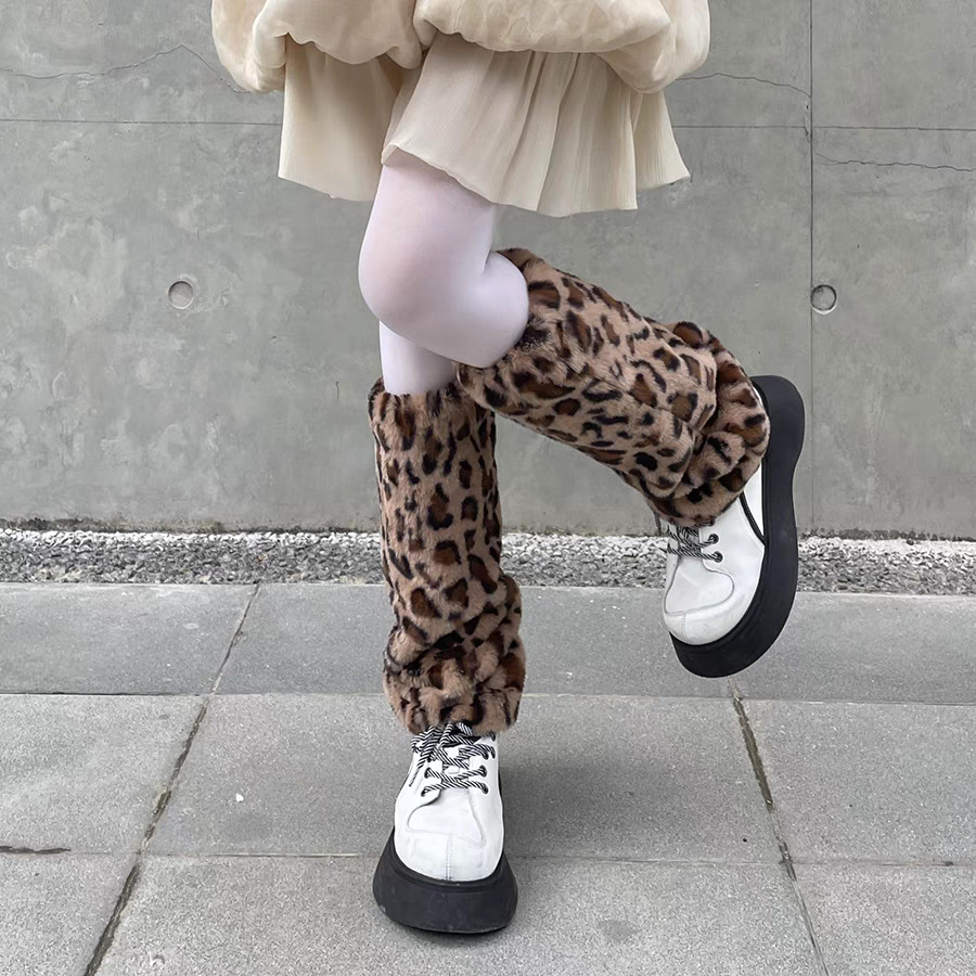 Boot Sock Slouchy - ปลอกขาขนเทียมลายเสือดาว ถุงเท้าบูทหนานุ่มอุ่นสำหรับฤดูหนาว ถุงน่องยาวคลุมเข่าแบบหลวมสำหรับผู้หญิง ใส่ในสภาพอากาศหนาวเย็น