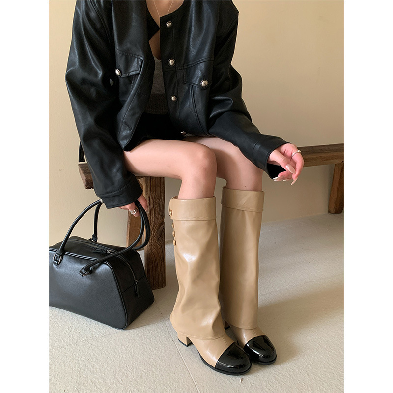 Knee High Sock Women - รองเท้าบูททรงนักรบหุ้มข้อสูง ส้นหนา สไตล์ฝรั่งเศส หัวมน กลิ่นหอมอ่อนๆ แบบสีตัด