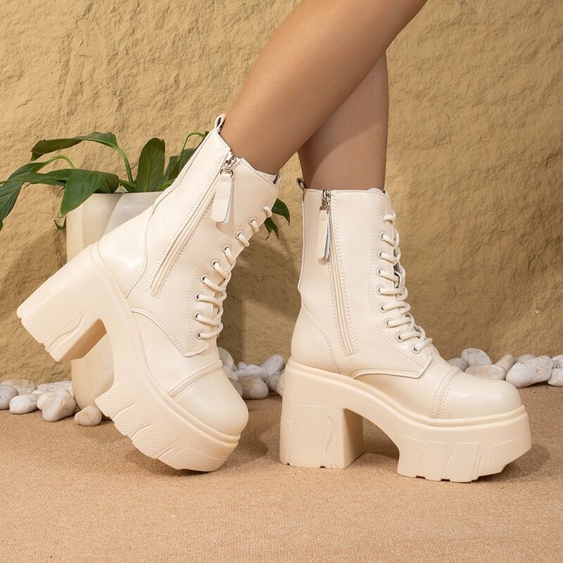 Knee High Sock Women - รองเท้าบูทคอมแบทพื้นหนาสำหรับผู้หญิงสไตล์ Y2K, รองเท้าบูทหุ้มข้อส้นสูงแบบผูกเชือกพร้อมซิปด้านข้าง ช่วยเพิ่มความสูง