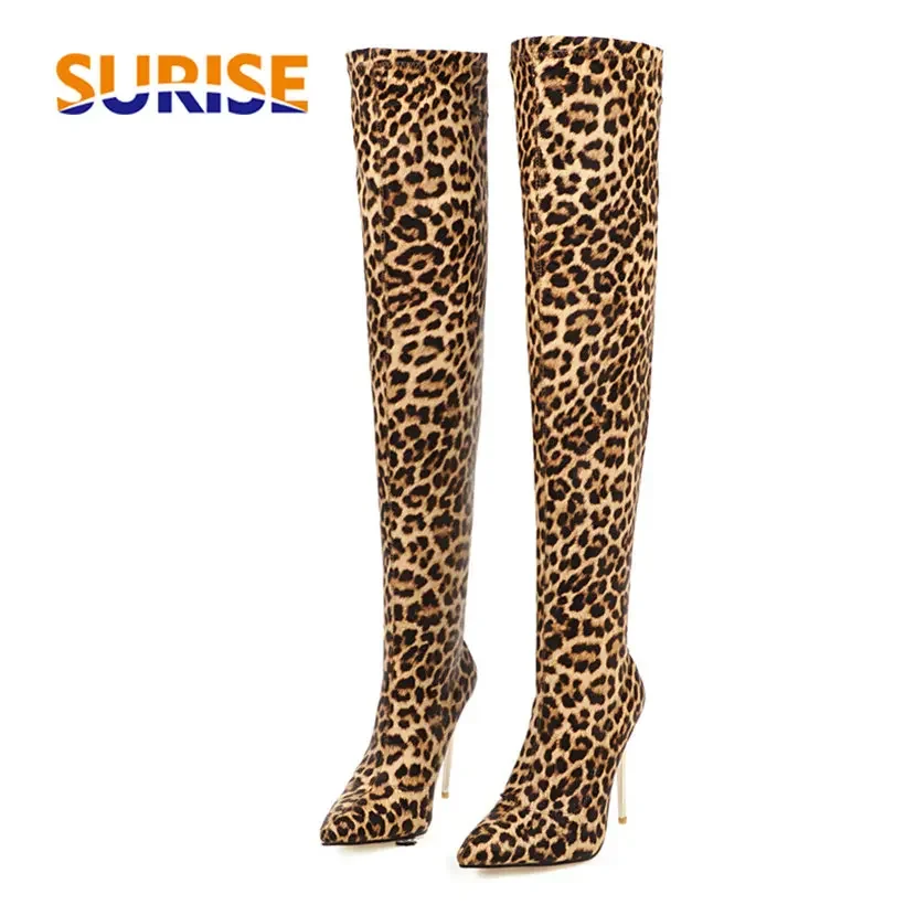 No Show Sock Women - Plus ขนาดยืดเสือดาวกว่าเข่ารองเท้ารองเท้าส้นสูงบางชี้ Toe ฤดูหนาวเซ็กซี่สุภาพสตรียาวต้นขาสูง Stripper ถุงเท้ารองเท้า