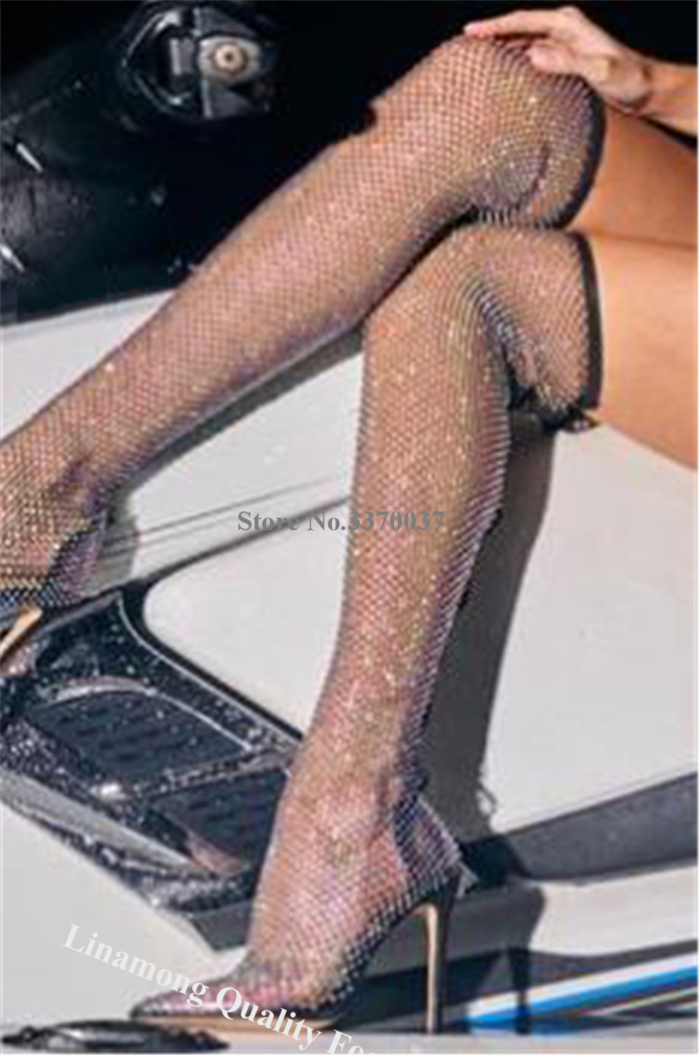 รองเท้าบูทตาข่ายประดับคริสตัล  - Knee High Sock Women บทวิจารณ์และราคา