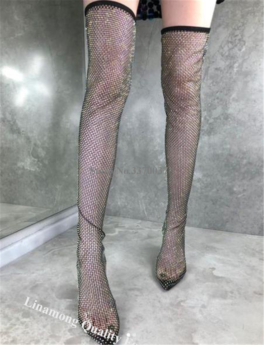 รองเท้าบูทตาข่ายประดับคริสตัล  - Knee High Sock Women บทวิจารณ์และราคา